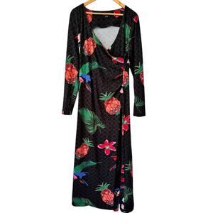 Soft Surroundings Tropical Print Faux Wrap Long Sleeve Black Maxi Dress Tall XL